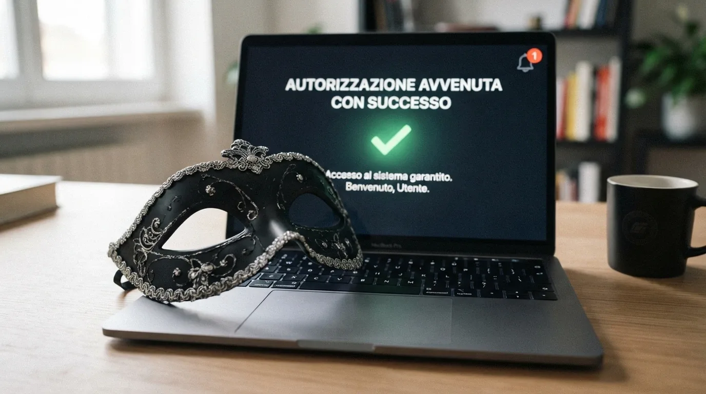 Una maschera veneziana appoggiata su una tastiera, con lo schermo del computer che mostra la scritta «No KYC» in verde — ma nell'angolo una notifica rossa segnala «Verifica richiesta».