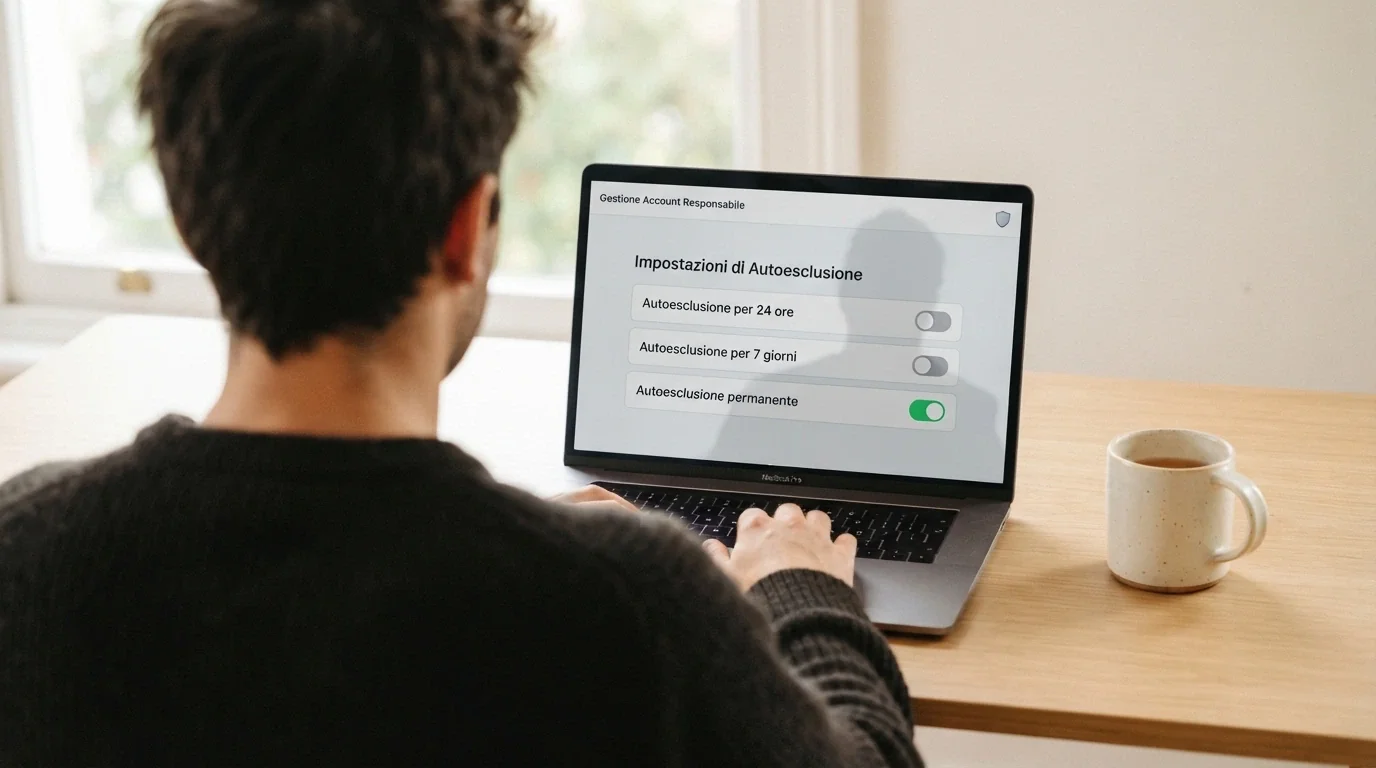 L'interfaccia di un'area riservata con le opzioni di autoesclusione: totale, per operatore e per famiglia di giochi, con un interruttore su «attiva»