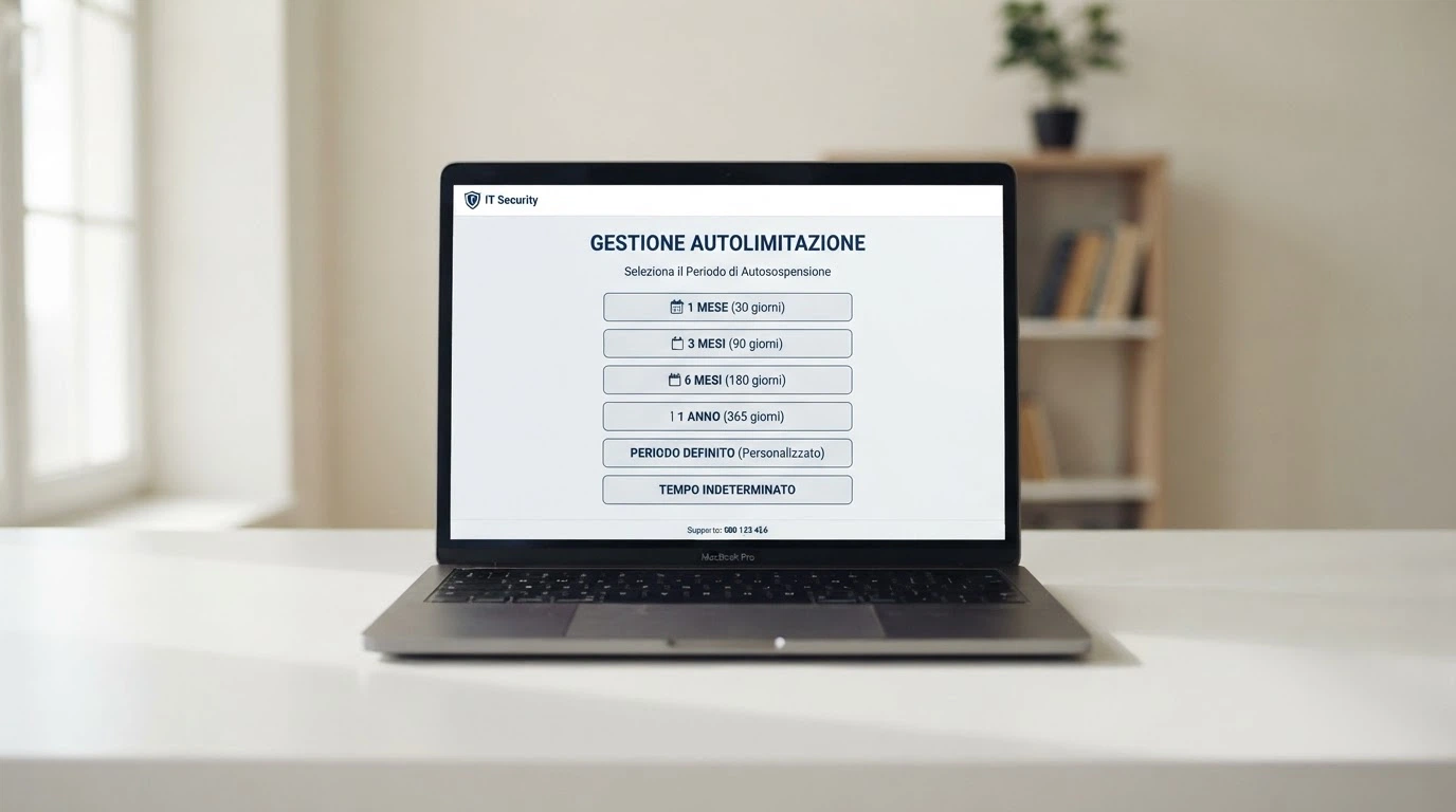 L'interfaccia del portale ADM con la sezione «Autoesclusione» e le opzioni di durata: 7, 30, 90, 270 giorni, indeterminato