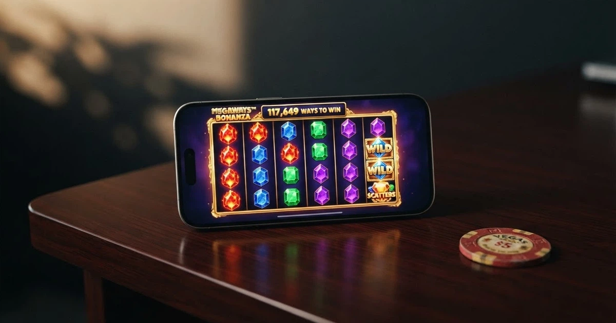 Interfaccia di una slot Big Time Gaming con rulli Megaways su sfondo scuro e simboli colorati in movimento