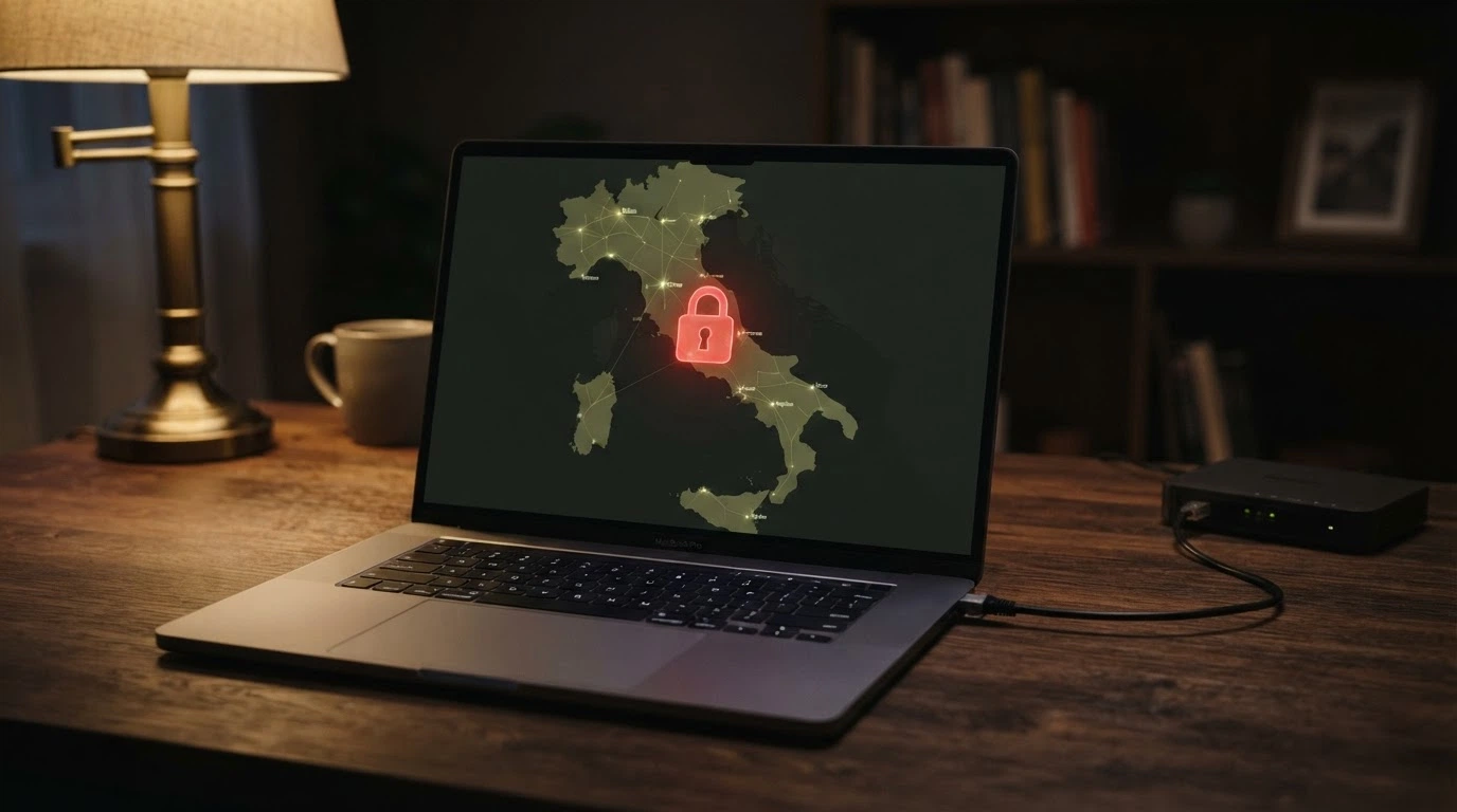 Un domino .com colpito da un lucchetto rosso, dietro una mappa dell'Italia con i nodi DNS che deviano il traffico