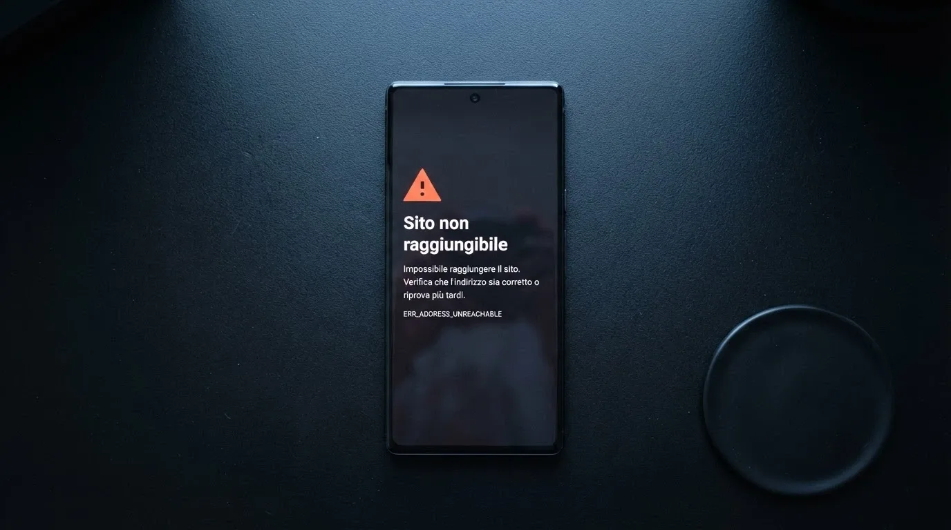 Una schermata di errore di connessione con il messaggio «sito non raggiungibile» in italiano, su sfondo scuro