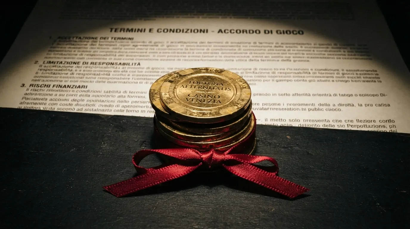 Una pila di monete di Bitcoin dorate con un nastro rosso intorno, ma il nastro è annodato in un cappio — sullo sfondo, caratteri piccoli che richiamano i termini e condizioni di un bonus.