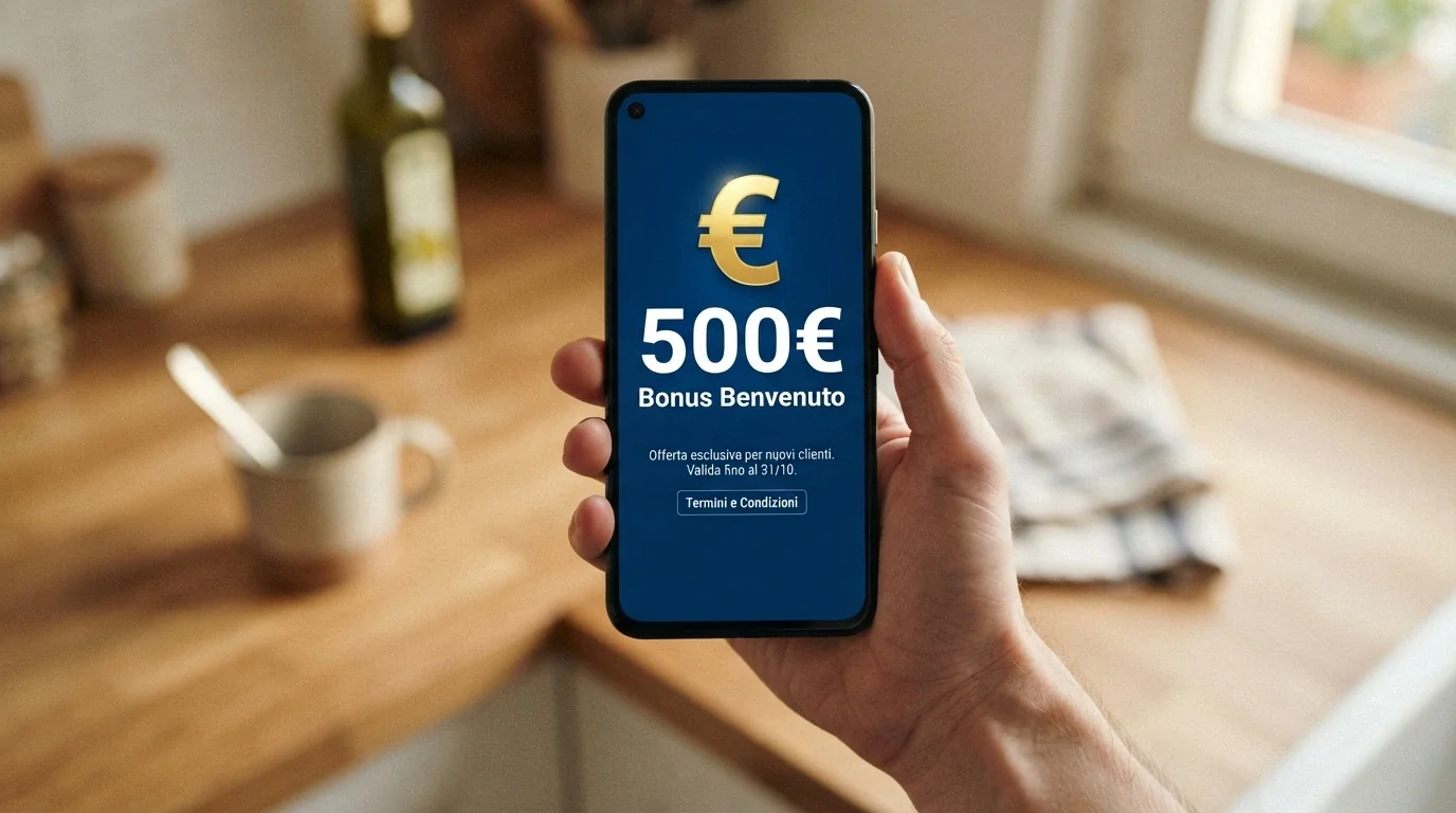 Schermata promozionale di un bonus di benvenuto casinò ADM con importo, percentuale e condizioni in evidenza