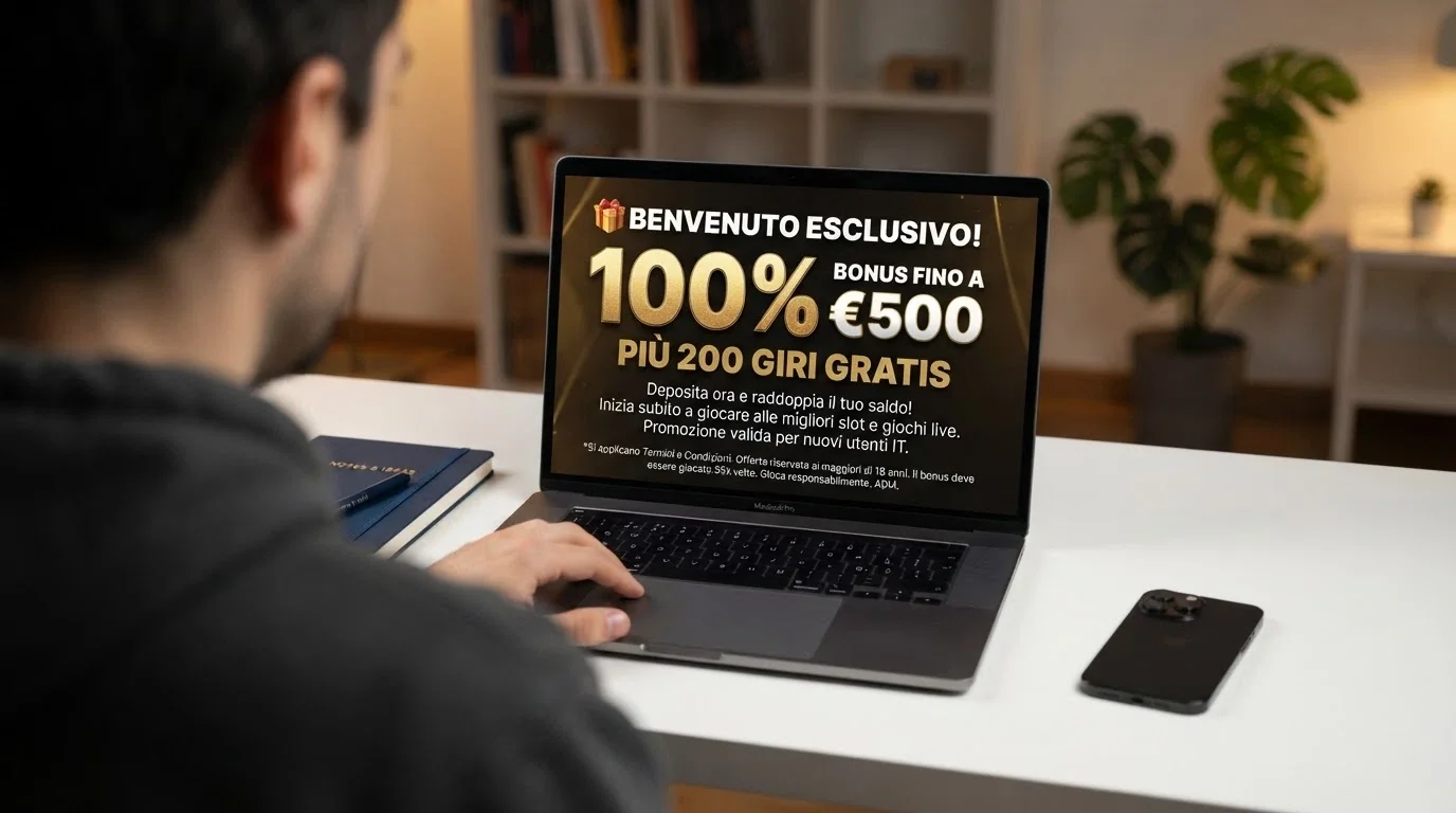 Schermata di un'offerta di bonus con la percentuale di match in evidenza e i termini in carattere piccolo sottostanti