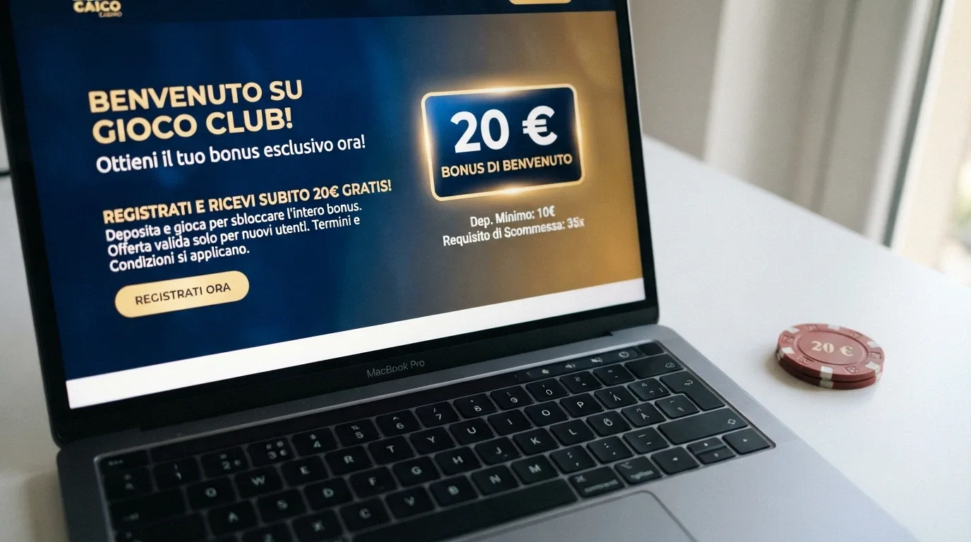 La pagina promozionale di un bonus di benvenuto con l'indicazione «deposito minimo 20€» evidenziata in un riquadro