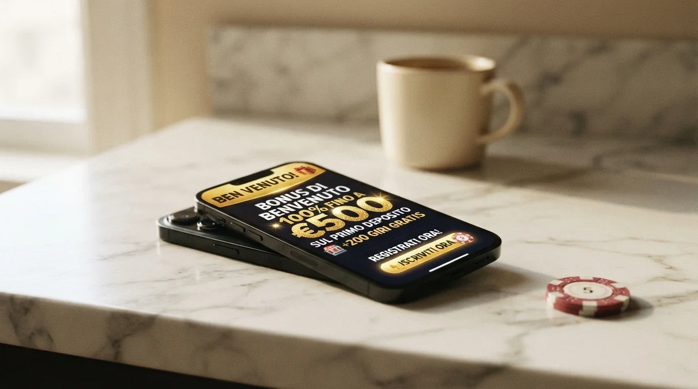schermata di una pagina promozionale di benvenuto con bonus e termini in evidenza su app Android