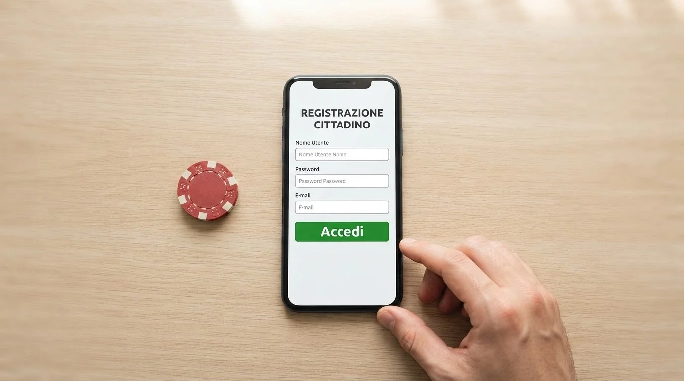 Una mano che tiene uno smartphone con la schermata di registrazione SPID accanto al logo di un casinò ADM