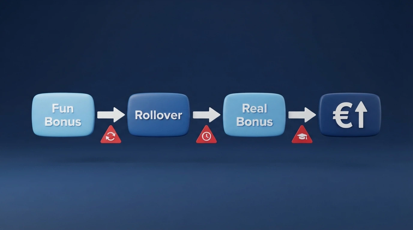 Un diagramma a frecce che mostra il percorso: credito bonus → rollover → Real Bonus → prelievo, con i tre ostacoli (requisiti di puntata, scadenza, cap) evidenziati in rosso