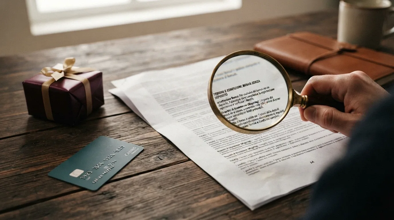 Un regalo incartato con il simbolo delle free spin e una carta Postepay, affiancato da una lente di ingrandimento su un foglio di termini e condizioni