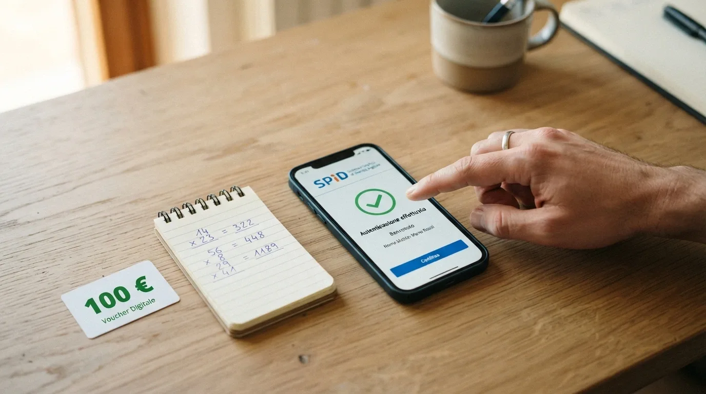 Una calcolatrice accanto a un telefono con l'app SPID aperta e una carta bonus virtuale con la cifra «100 €» in evidenza