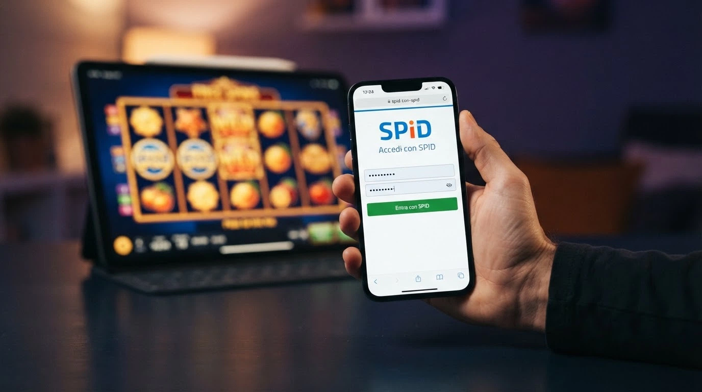 Uno smartphone con la schermata di accesso SPID accanto a una slot machine virtuale che mostra giri gratis attivi