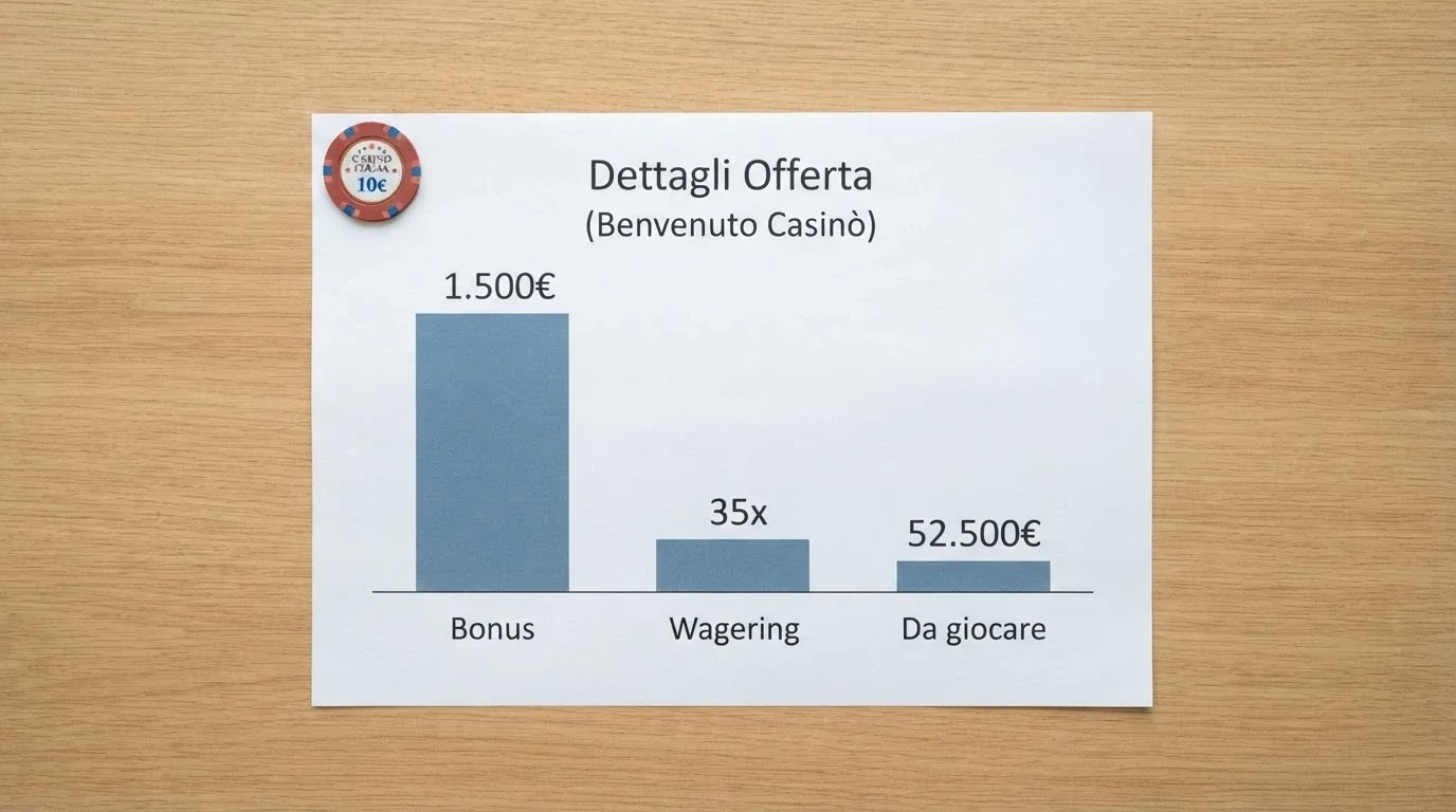 Schema visivo con un bonus da 1.500€, il moltiplicatore 35x e il totale da giocare (52.500€), affiancato da una slot machine
