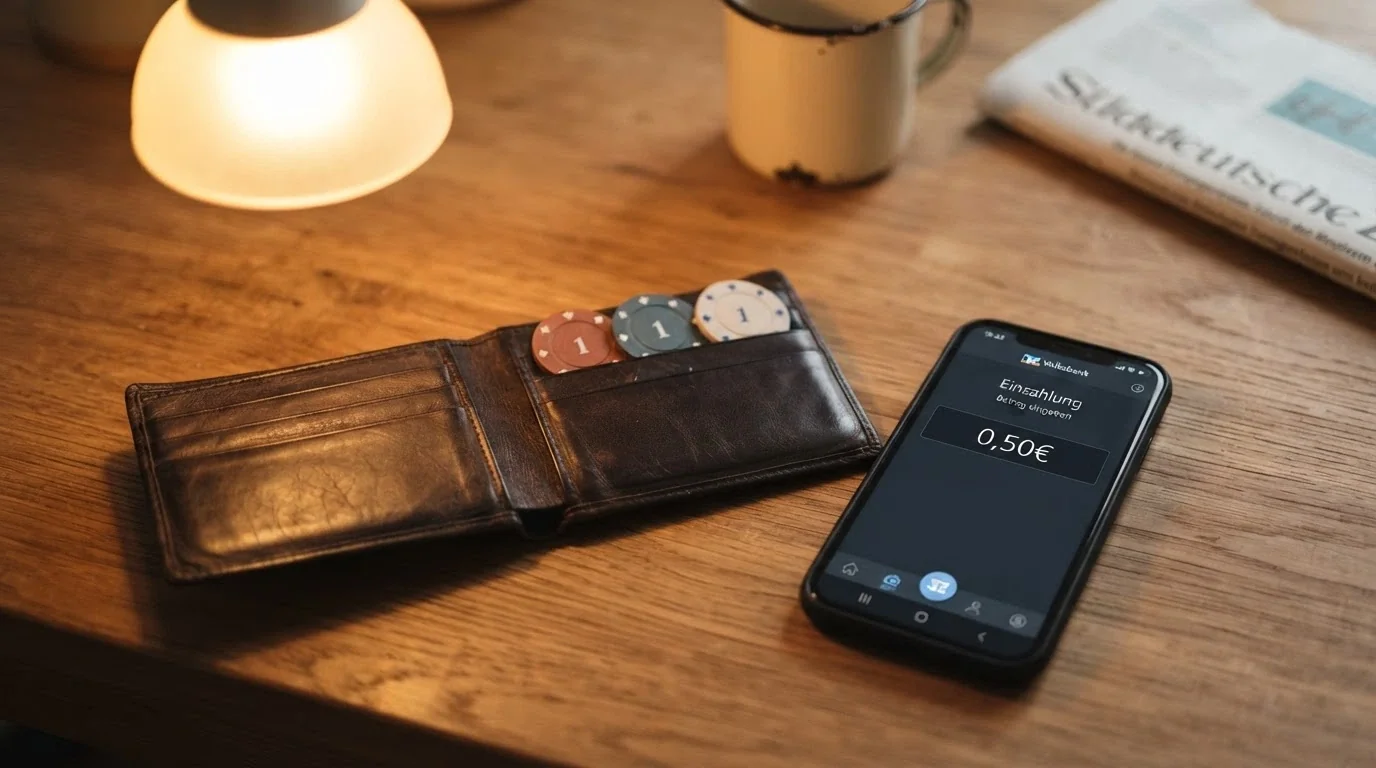 Un portafoglio aperto con poche monete accanto a uno smartphone che mostra la schermata di deposito di un casinò ADM, con l'importo «0,50€» visibile e il tasto «bonifico» selezionato, in luce calda e domestica