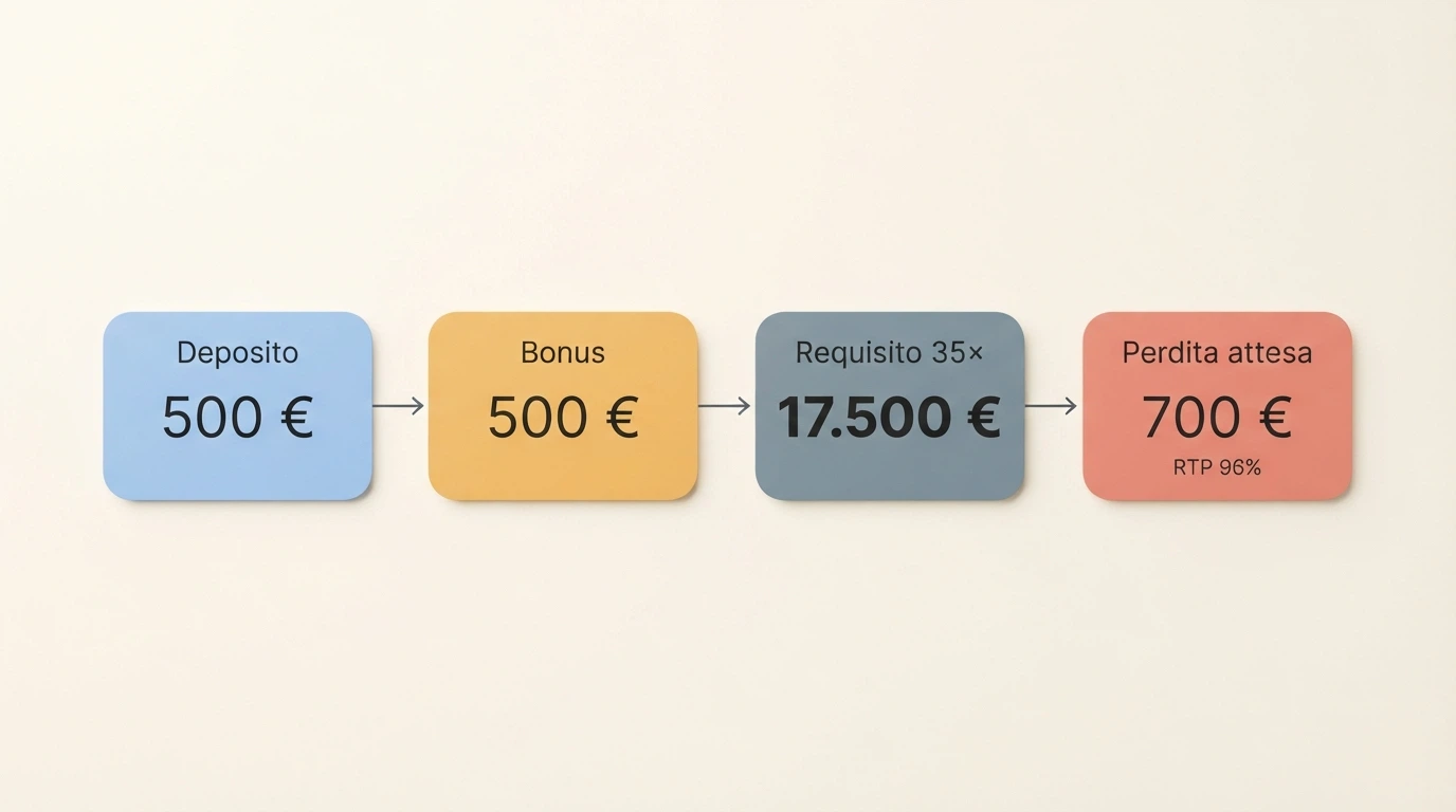 Schema visivo che mostra il percorso dal deposito al premio netto: deposito, bonus, requisito di puntata, vincita reale