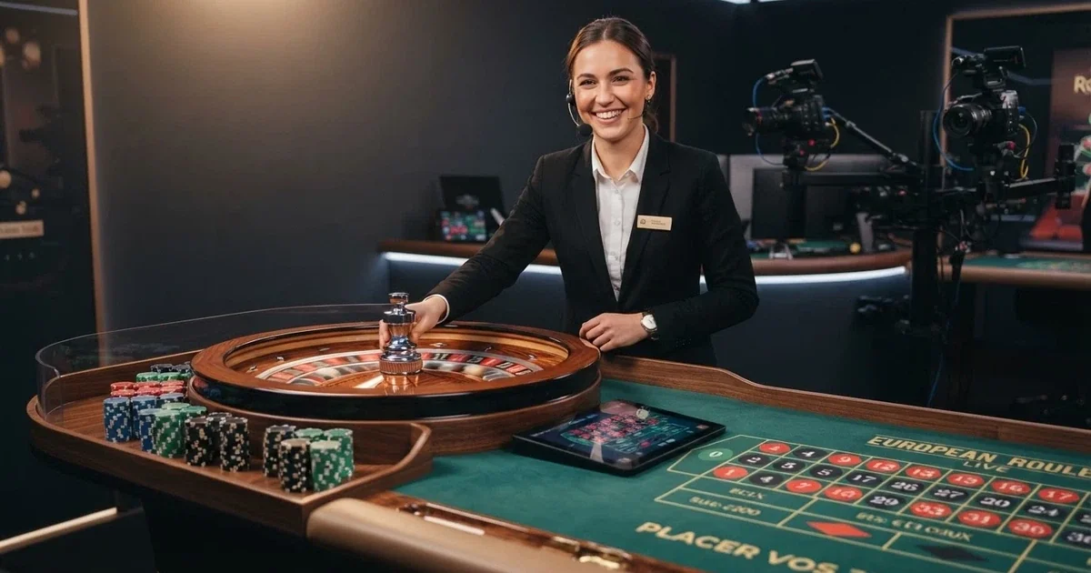 Croupier dal vivo sorridente a un tavolo da roulette in uno studio professionale illuminato con monitor e plancia delle puntate