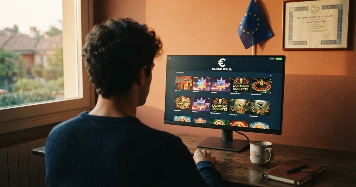 Un giocatore italiano davanti allo schermo del computer che consulta una lista di casinò online, con la bandiera europea e il logo ADM visibili sullo sfondo