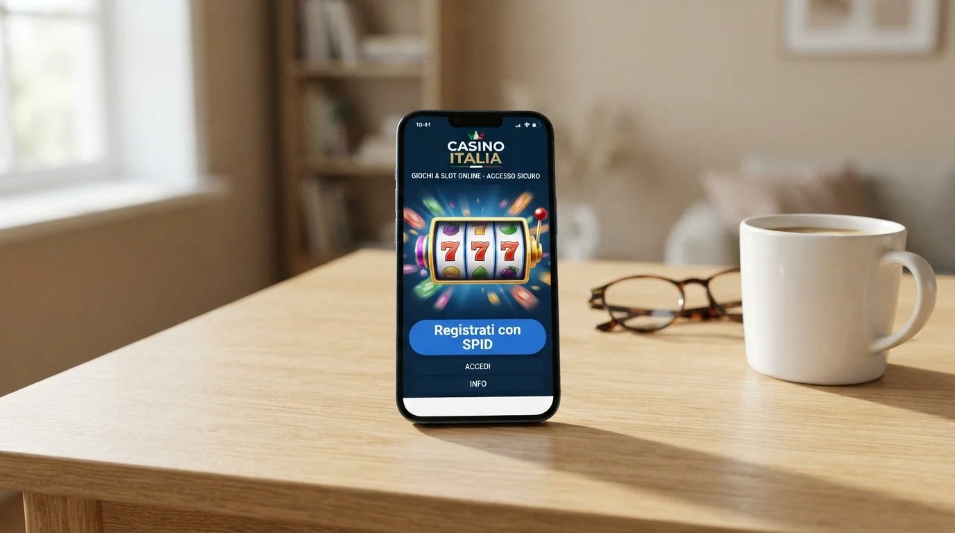 Uno smartphone che mostra l'interfaccia di un casinò online con il tasto «registrati con SPID» e una slot in esecuzione