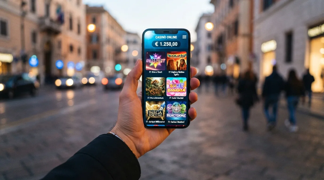 Una mano che tiene uno smartphone con l'interfaccia di un casinò online e il logo del Dogecoin visibile nello schermo, su sfondo urbano
