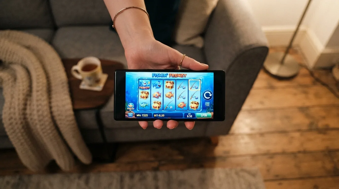 Una mano che tiene uno smartphone in orizzontale con una slot machine in esecuzione, sullo sfondo un divano — scena domestica e rilassata