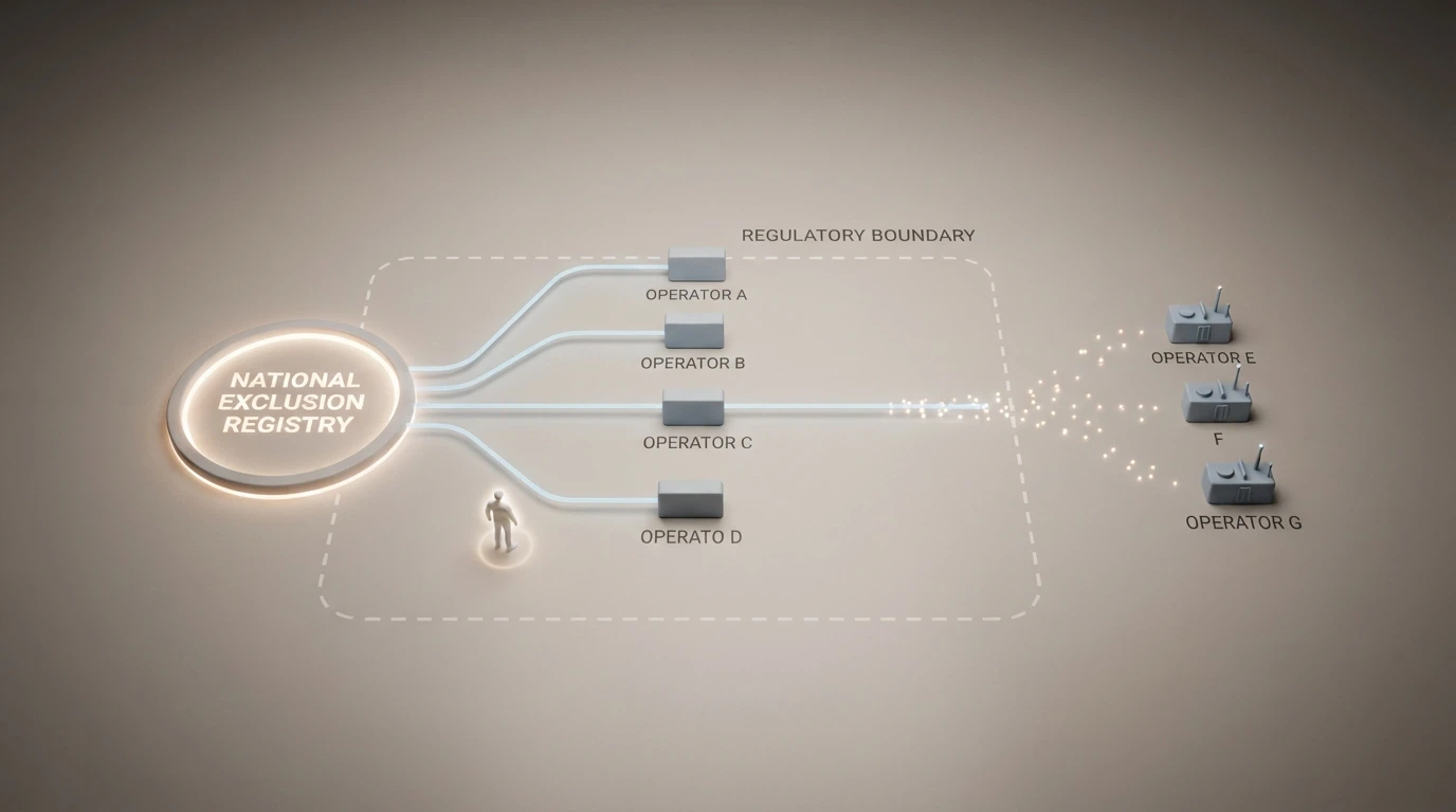 Un diagramma che mostra il flusso dell'autoesclusione: il segnale RUA raggiunge tutti i concessionari ADM ma si interrompe prima dei casinò offshore, rappresentati fuori dal perimetro