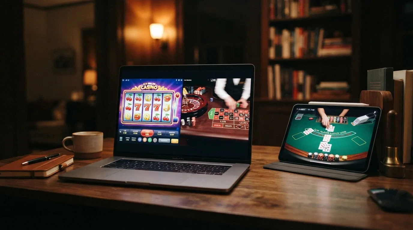 Griglia di slot machine online colorate e un tavolo da roulette live con croupier in streaming