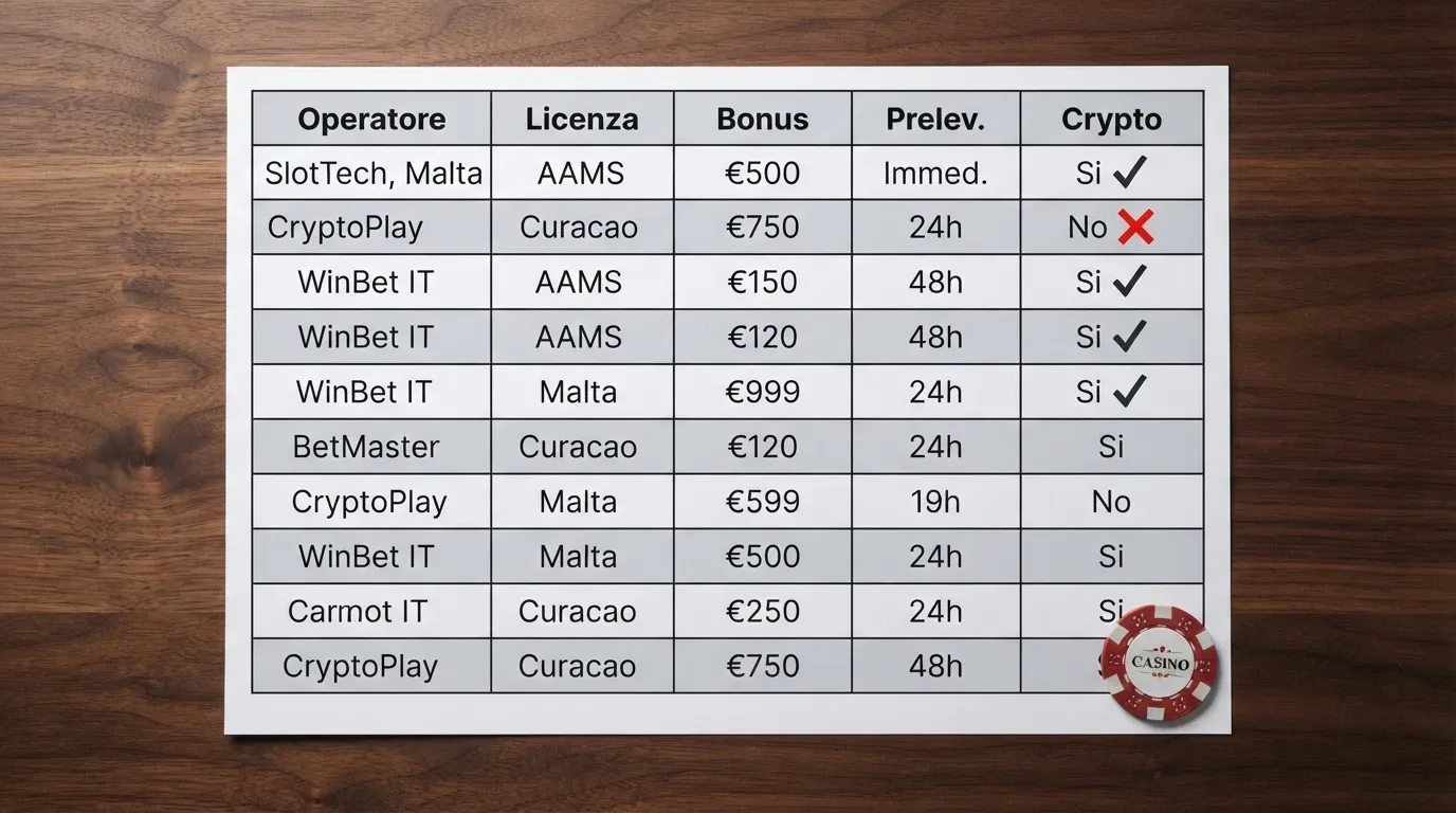 Tabella comparativa con dieci righe e cinque colonne: licenza, bonus, wagering, velocità prelievo ETH e numero di criptovalute