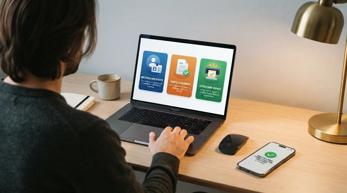 Una sequenza di tre schermate affiancate: registrazione SPID, verifica documento, accredito dei free spin