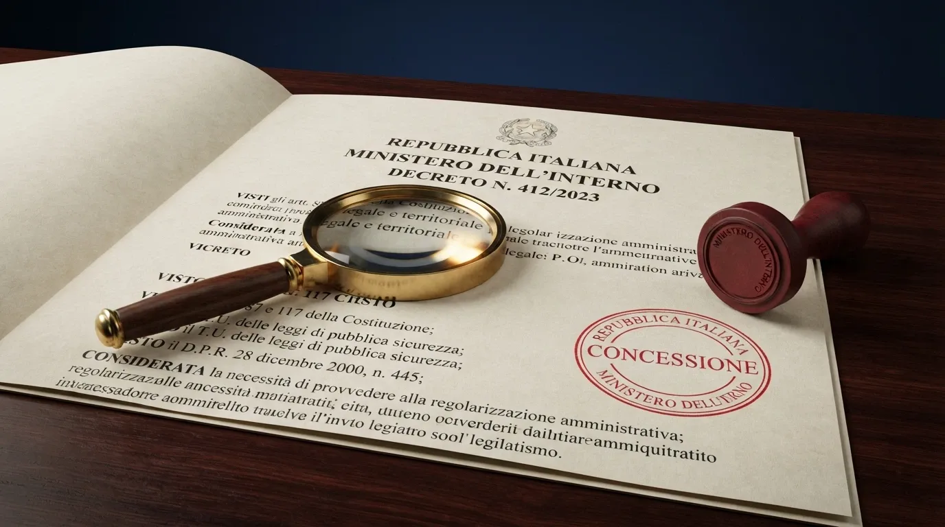 Il logo ufficiale dell'ADM accanto a una lente d'ingrandimento su un documento legislativo aperto (D.lgs. 41/2024) e un timbro «Concessione»