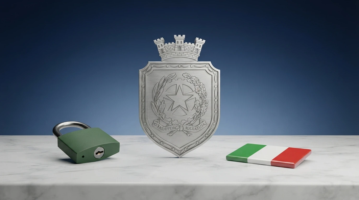 Il logo ufficiale dell'ADM (Agenzia delle Dogane e dei Monopoli) su uno schermo affiancato da un lucchetto verde e dalla bandiera italiana, su sfondo istituzionale bianco e blu