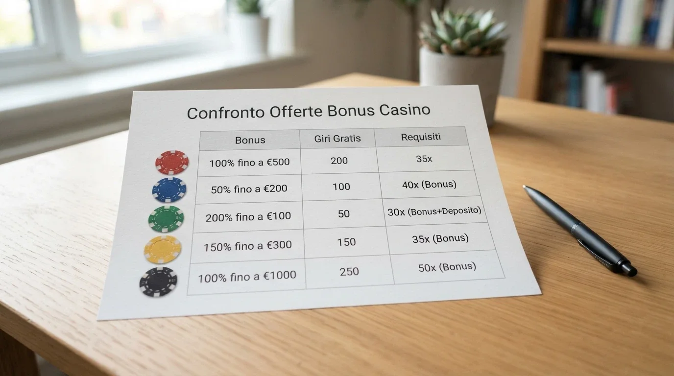 Una tabella comparativa stilizzata con loghi di casinò, icone di bonus, giri gratis e percentuali