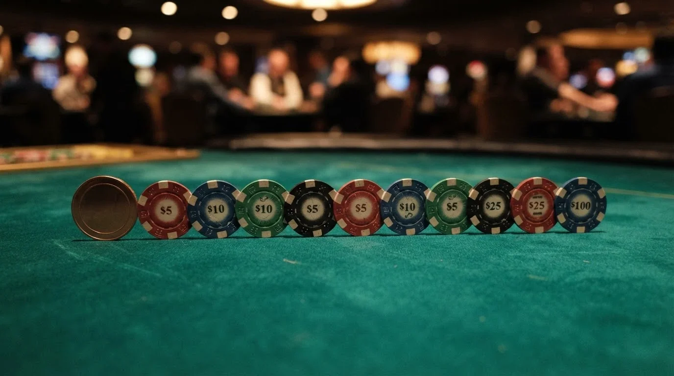 Una fila di dieci gettoni da casinò con il logo del Dogecoin, disposti in ordine su un tavolo da gioco verde
