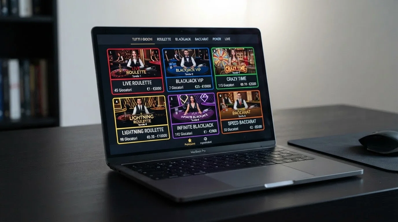 Interfaccia di un casinò live dealer con licenza ADM e tavoli in evidenza