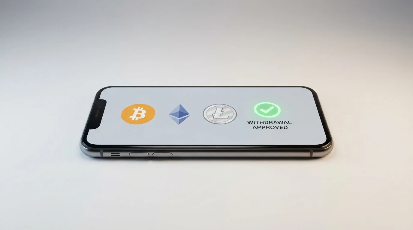 Portafoglio digitale con icone Bitcoin, Ethereum e Litecoin accanto alla spunta di un prelievo approvato