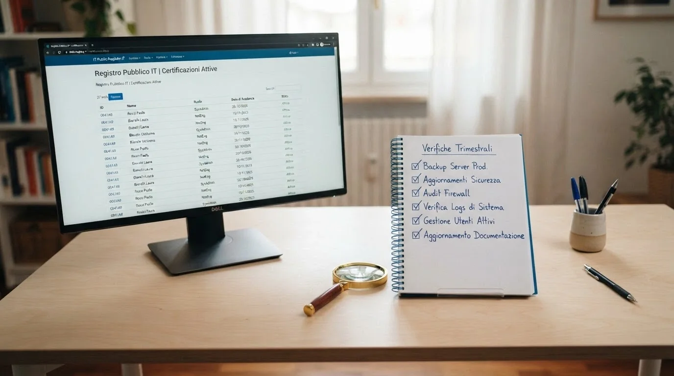 Una scrivania con il monitor che mostra l'elenco ADM aperto, affiancato a un blocco note con una checklist di criteri di valutazione e una lente su un dettaglio