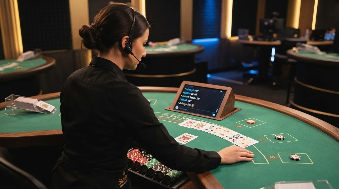 Dealer in primo piano che interagisce tramite chat con l'interfaccia di gioco visibile sullo schermo