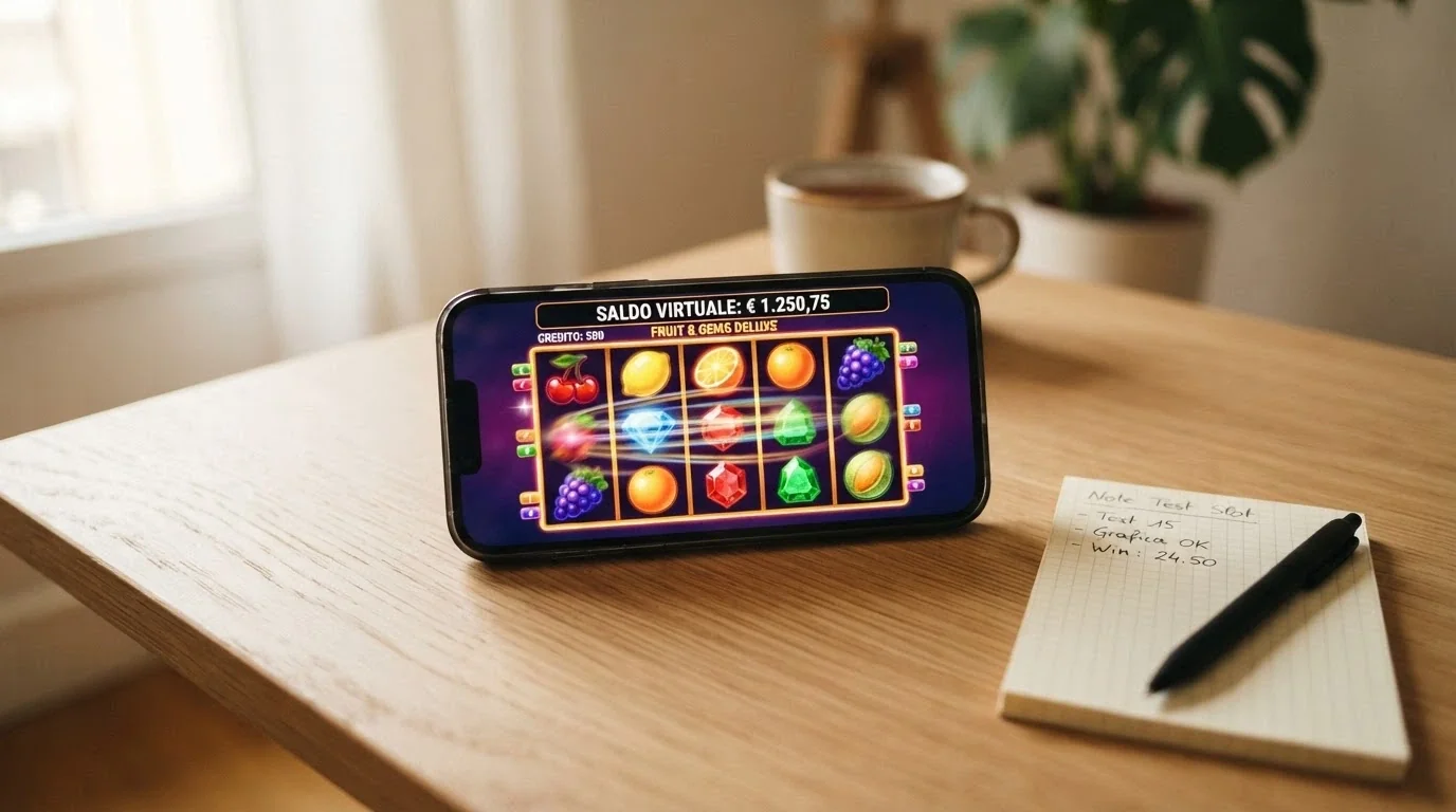 interfaccia di una slot machine in modalità demo con saldo fittizio su schermo Android