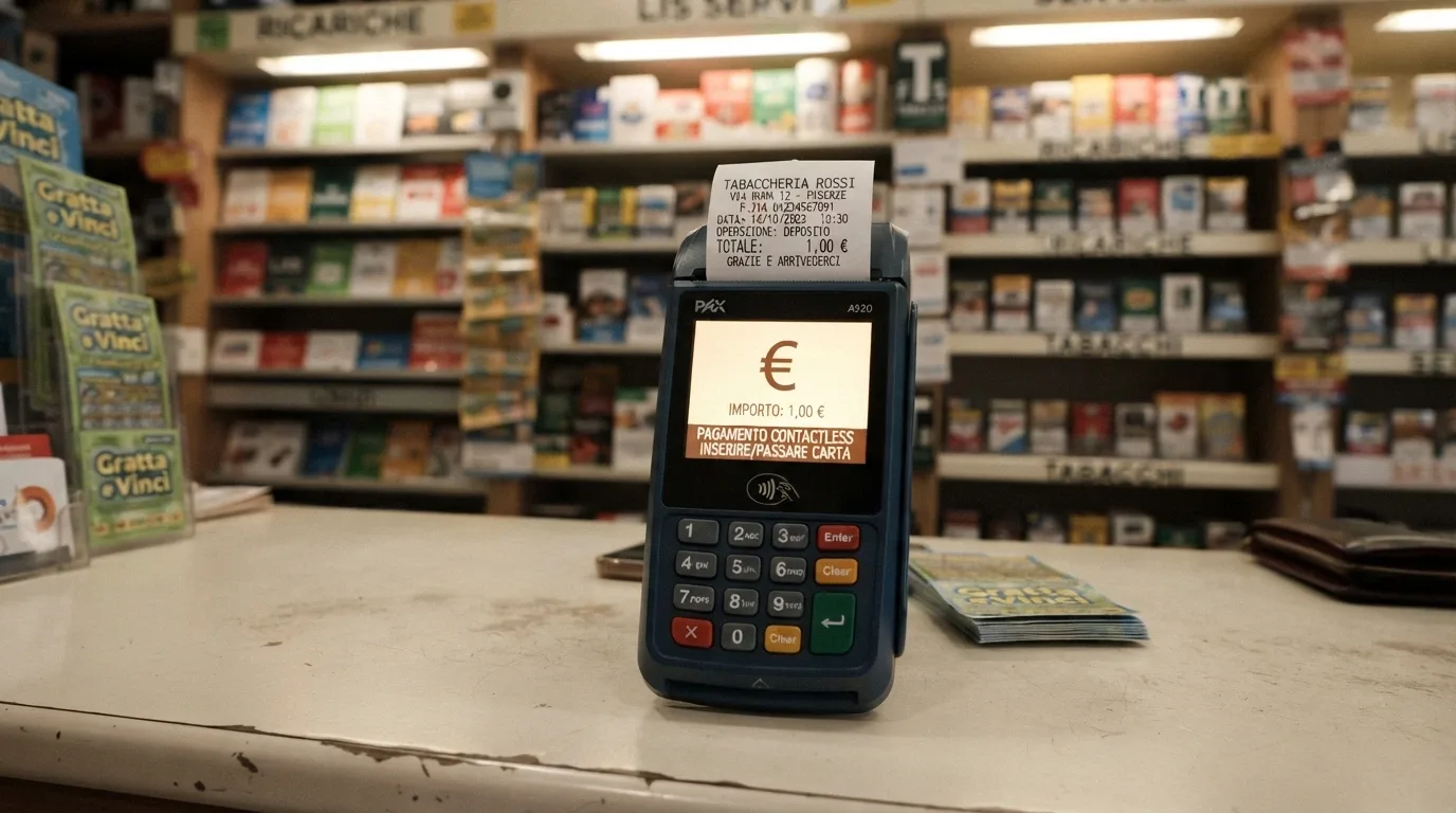 Un terminale di pagamento in un punto vendita fisico con una ricevuta di ricarica da 1€