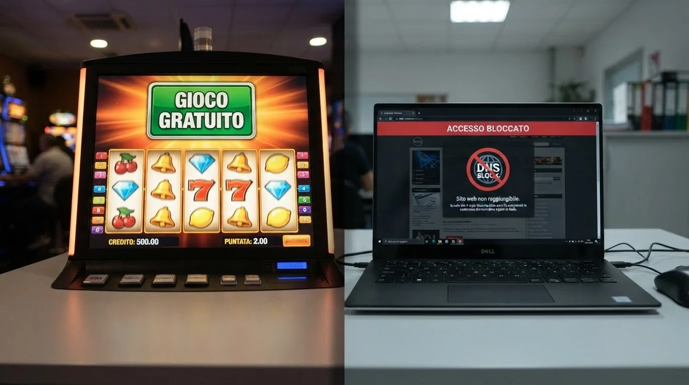 Due colonne affiancate: a sinistra una slot machine in modalità demo con scritta «Gioco Gratuito — ADM», a destra un sito con dominio offshore e un alert di blocco DNS