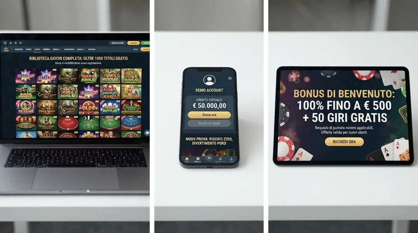 Tre pannelli affiancati che mostrano un portale di giochi gratuiti, un conto demo con credito virtuale e un bonus promozionale