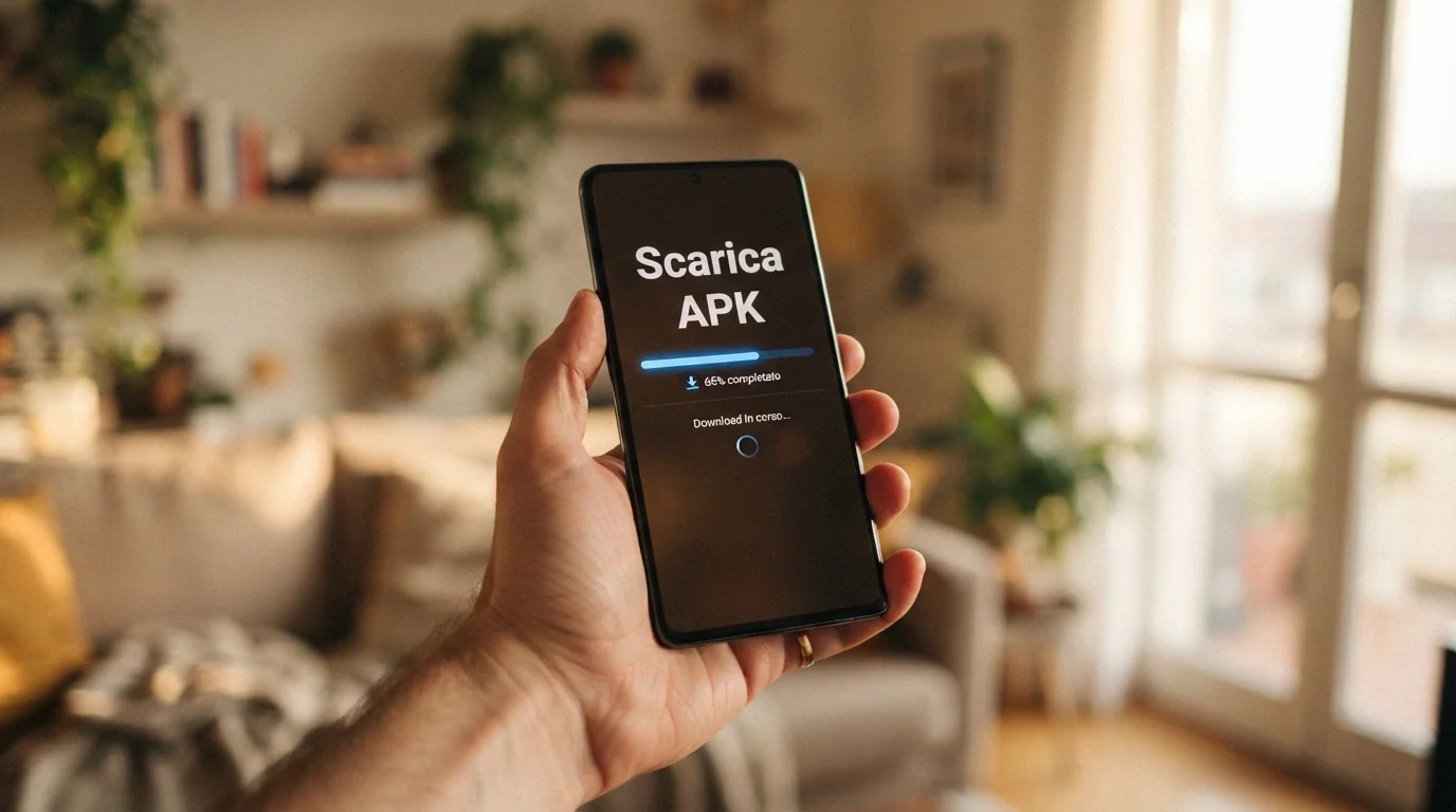 smartphone Android con schermata di download APK da sito .it e attivazione fonti sconosciute