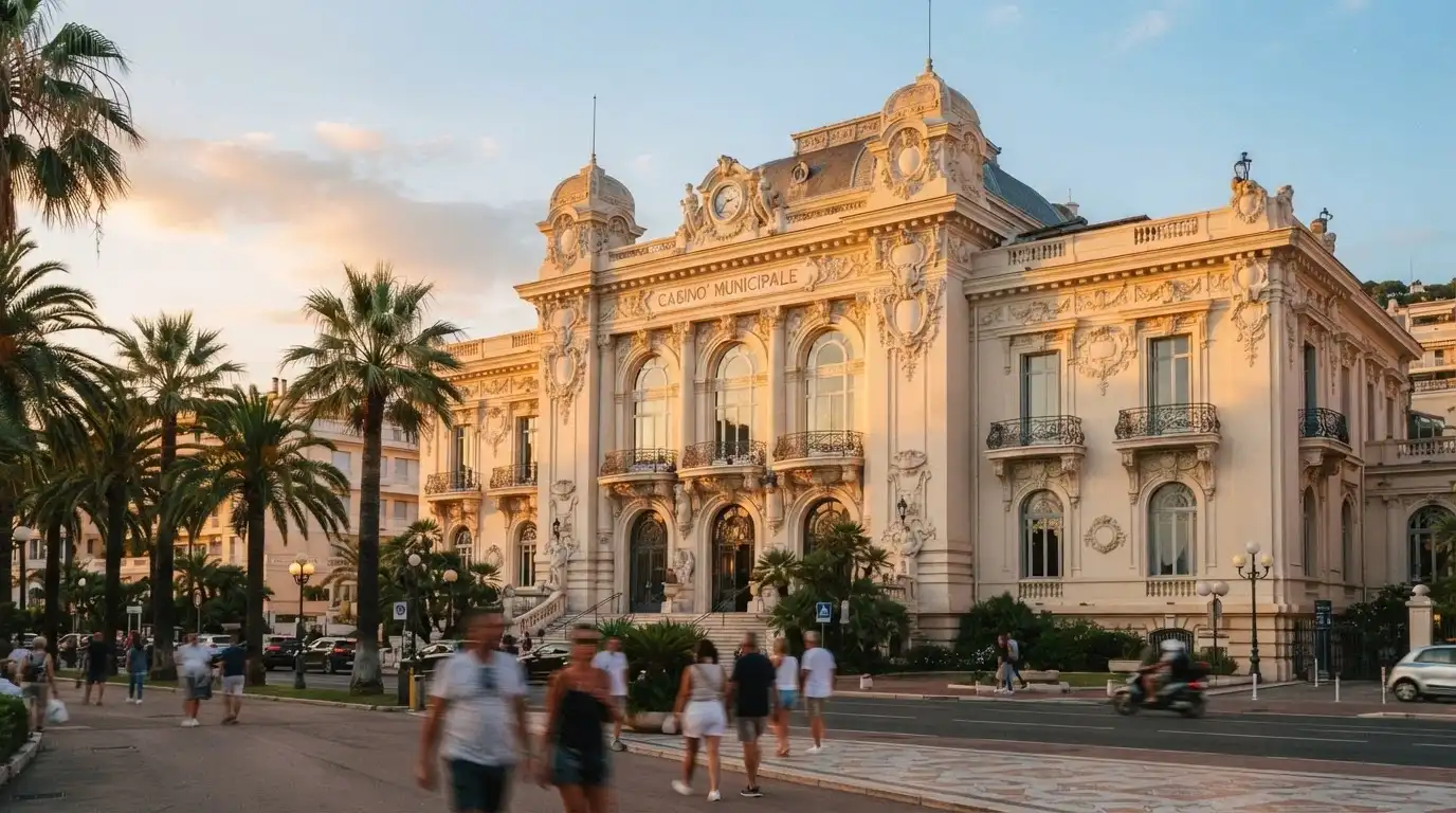 La facciata in stile Liberty Deco del Casinò di Sanremo vista da Corso Inglesi, con i dettagli architettonici progettati da Eugène Ferret, sotto la luce dorata del tramonto ligure.