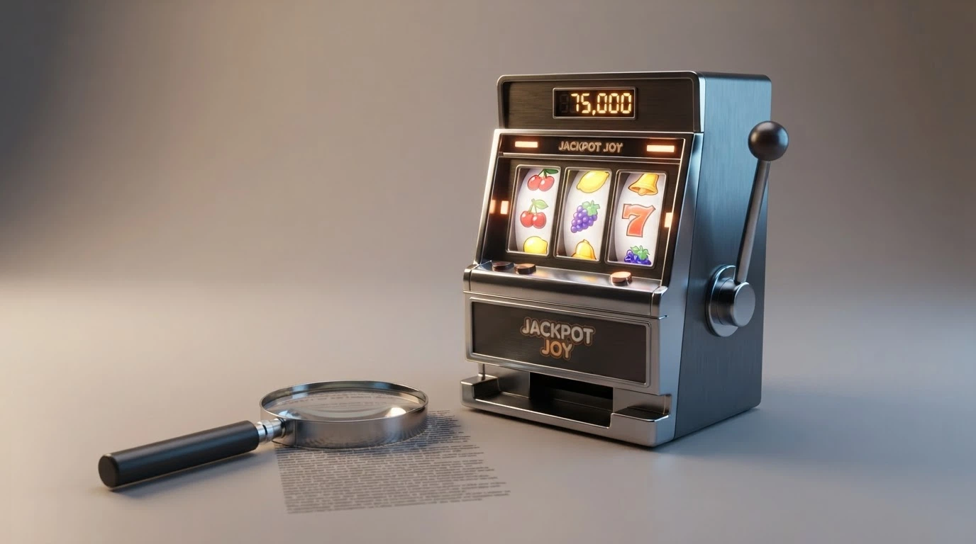Una slot machine stilizzata con un contatore di giri gratuiti e una lente di ingrandimento sui termini in piccolo