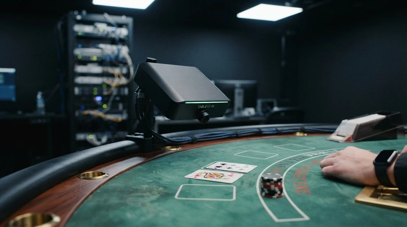 Game Control Unit posizionata accanto a un tavolo da blackjack in uno studio live con carte e fiches