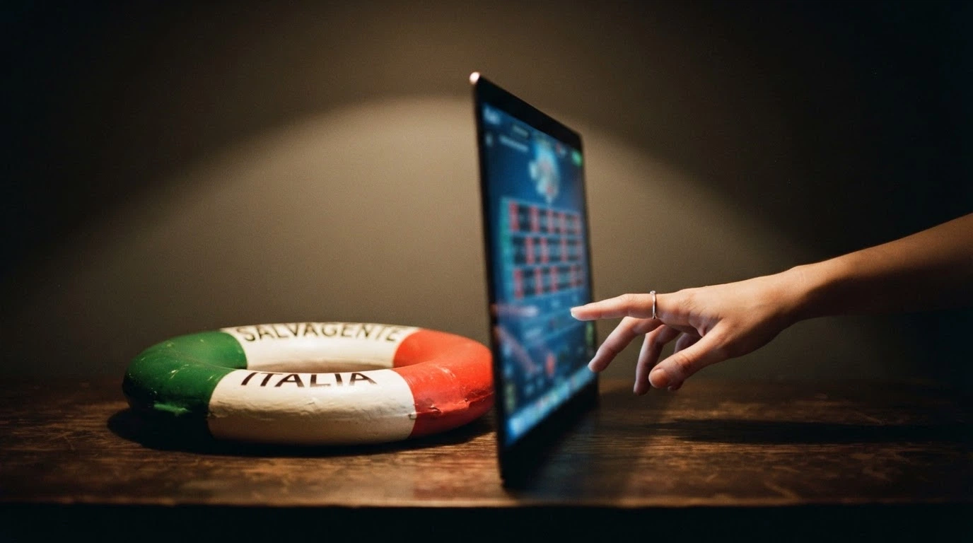 Una mano che cerca di afferrare un salvagente a forma di scudo con il tricolore italiano, ma fra la mano e lo scudo c'è lo schermo di un computer con un casinò Bitcoin aperto.