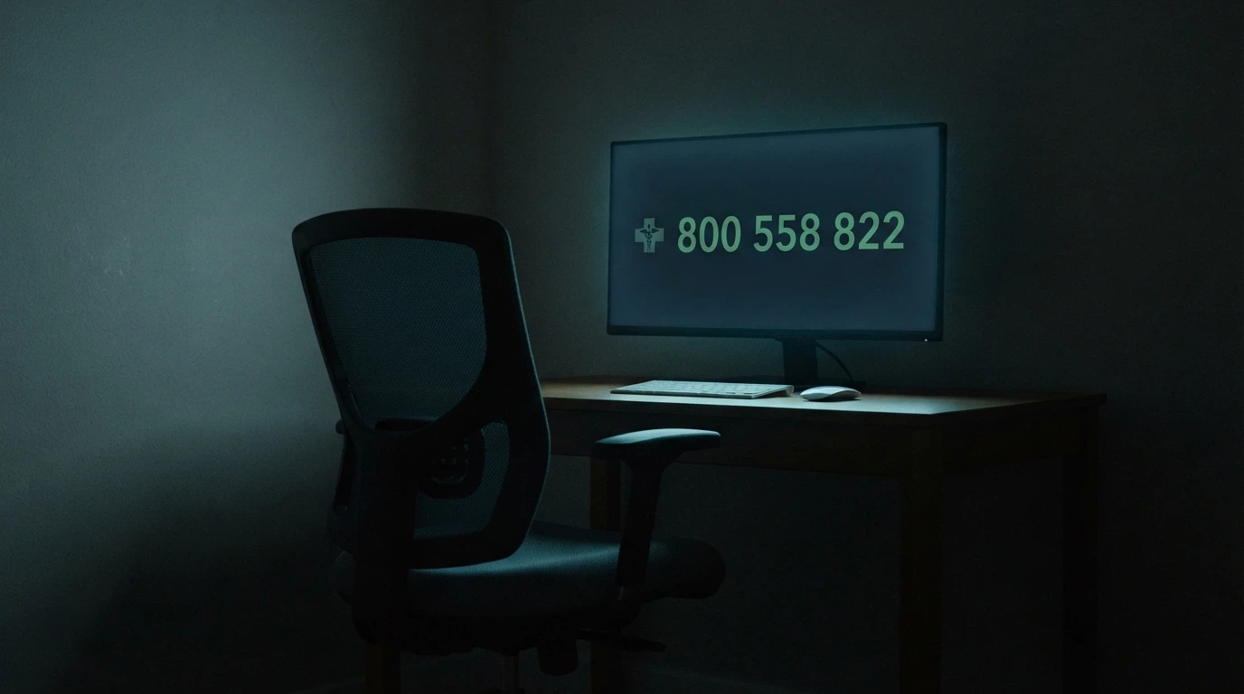 Una sedia vuota davanti a uno schermo acceso con sopra il numero verde 800 558 822 e il logo dell'ISS