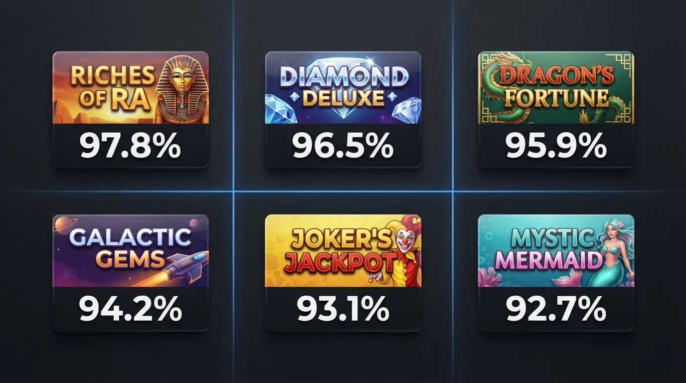 Una griglia visiva con le copertine di cinque o sei slot machine ad alto RTP affiancate, in ordine di percentuale