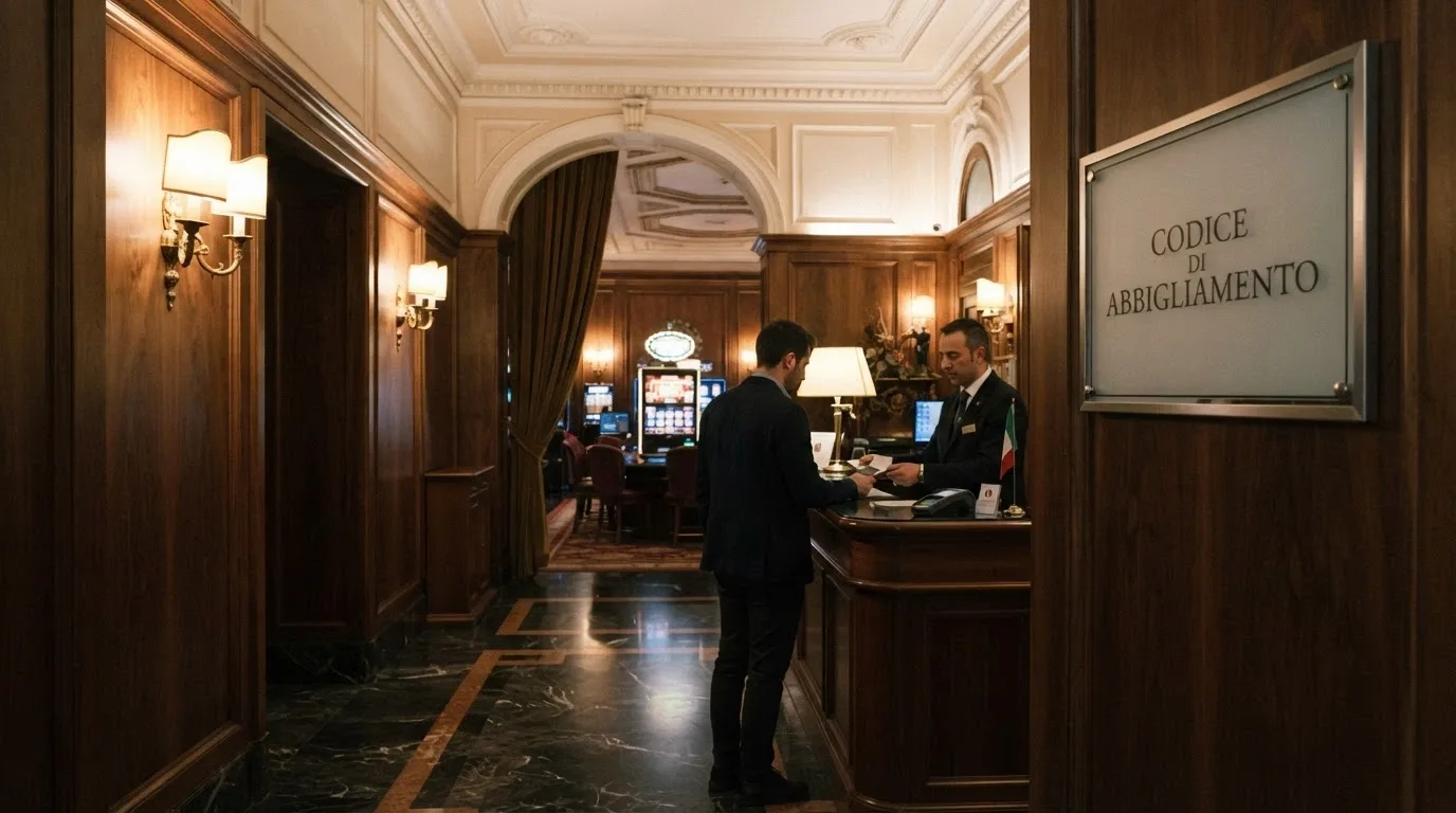 L'ingresso della Sala Giochi Tradizionali del Casinò di Sanremo, con un cartello che indica il dress code e personale alla reception che controlla i documenti.