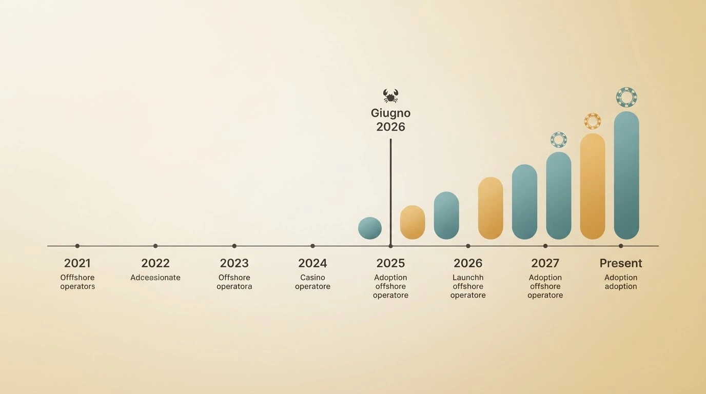 Mappa temporale che mostra il lancio del Bonus Crab (giugno 2026) e l'adozione progressiva da parte degli operatori offshore