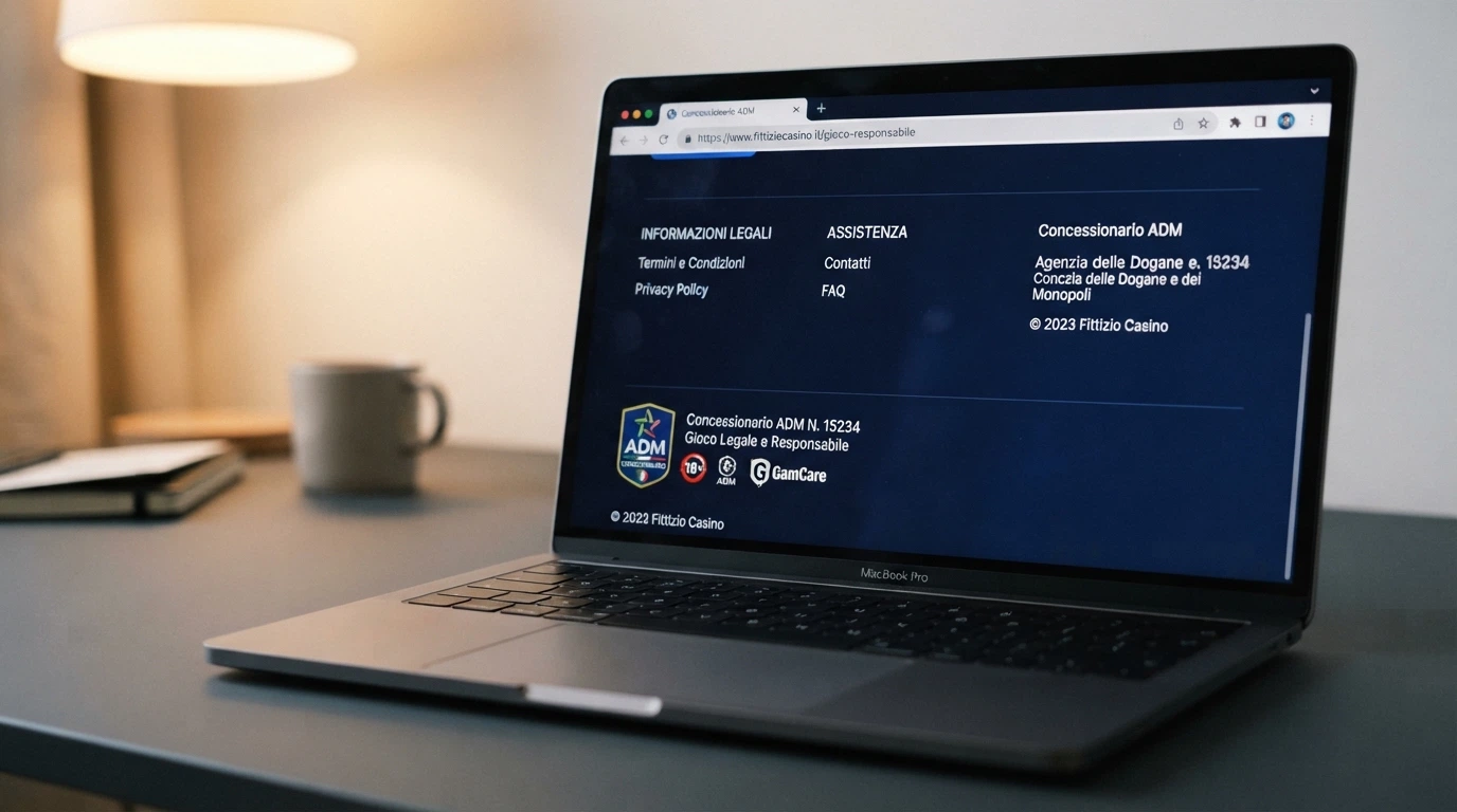 Il logo ADM accanto al simbolo del lucchetto nella barra degli indirizzi di un browser, con il testo «Concessionario ADM» visibile nella pagina del casinò